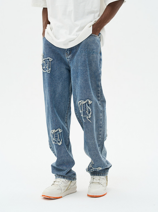Harsh and Cruel Distressed Embroidered Gothic Logo Denim