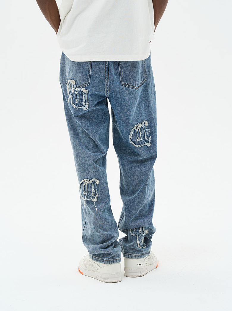 Harsh and Cruel Distressed Embroidered Gothic Logo Denim