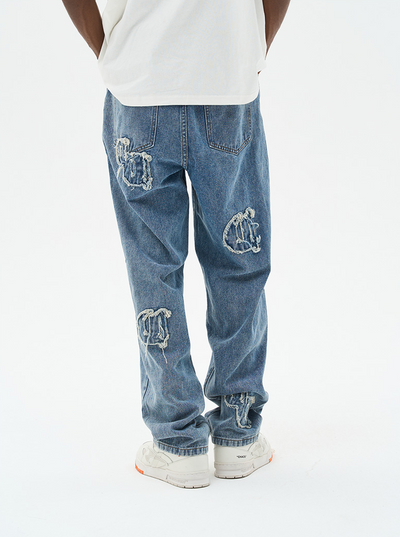 Harsh and Cruel Distressed Embroidered Gothic Logo Denim
