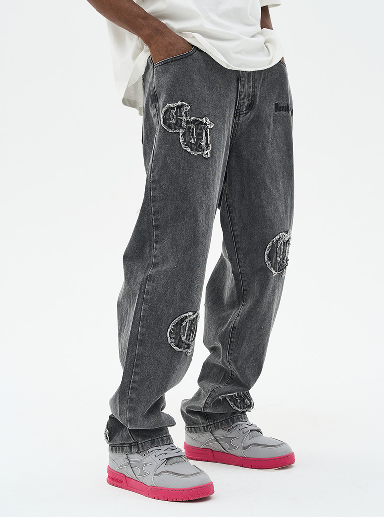 Harsh and Cruel Distressed Embroidered Gothic Logo Denim