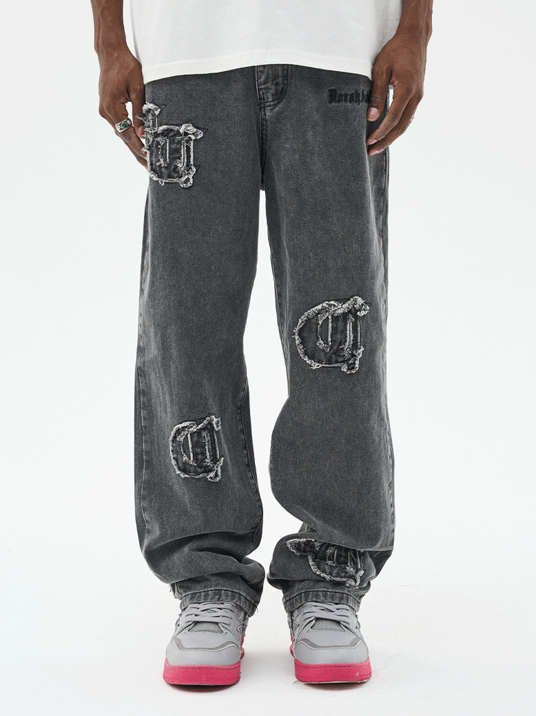Harsh and Cruel Distressed Embroidered Gothic Logo Denim