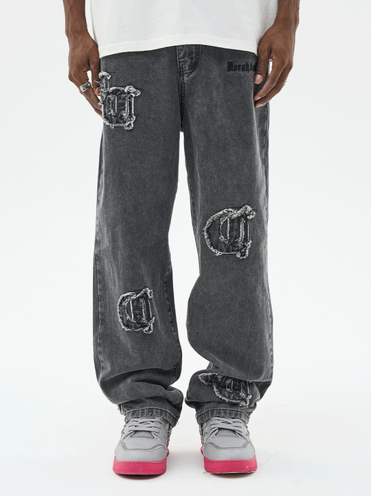 Harsh and Cruel Distressed Embroidered Gothic Logo Denim