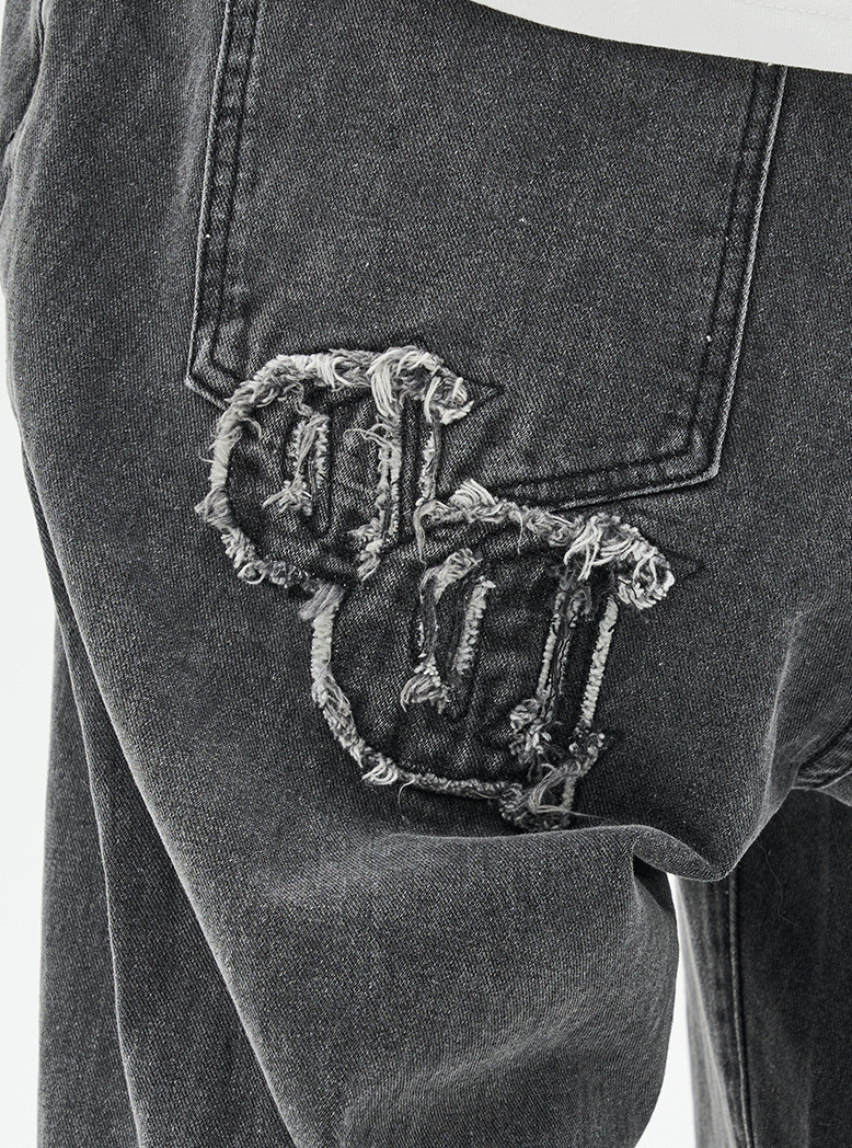Harsh and Cruel Distressed Embroidered Gothic Logo Denim