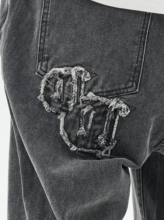 Harsh and Cruel Distressed Embroidered Gothic Logo Denim