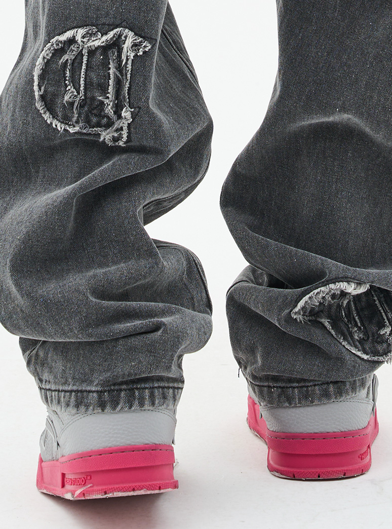 Harsh and Cruel Distressed Embroidered Gothic Logo Denim