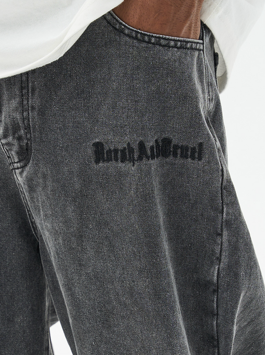Harsh and Cruel Distressed Embroidered Gothic Logo Denim