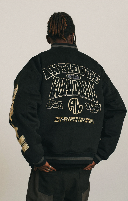 ANTIDOTE World Wide Embroidered Varsity Jacket
