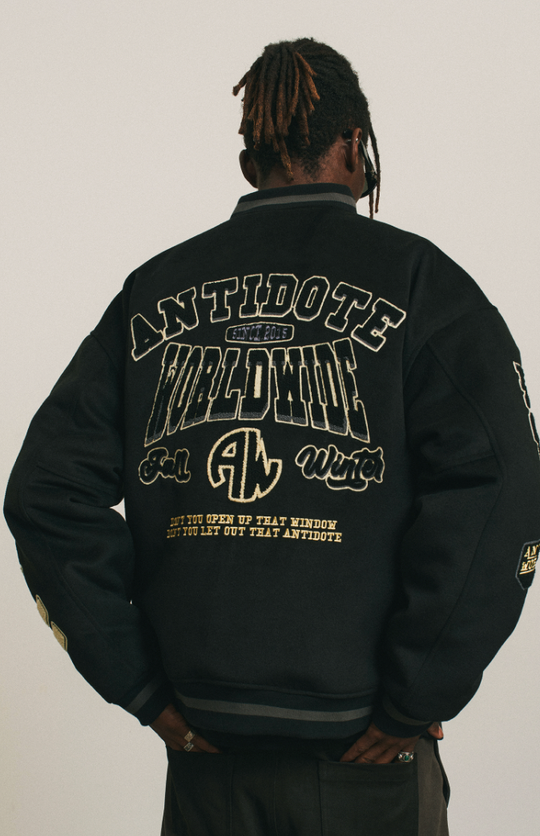 ANTIDOTE World Wide Embroidered Varsity Jacket