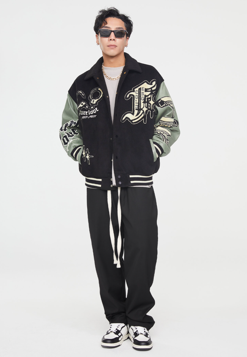 F2CE  Handcuffs Embroidery Woolen Varsity Jacket