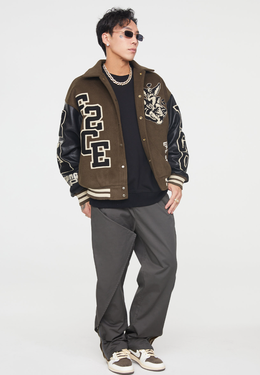 F2CE Dog Angel Embroidery Woolen Varsity Jacket