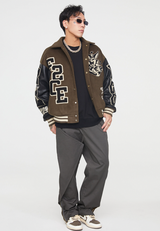 F2CE Dog Angel Embroidery Woolen Varsity Jacket