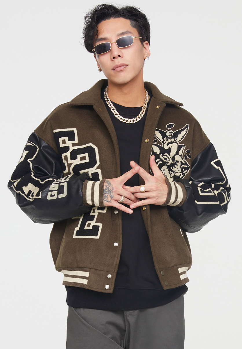 F2CE Dog Angel Embroidery Woolen Varsity Jacket