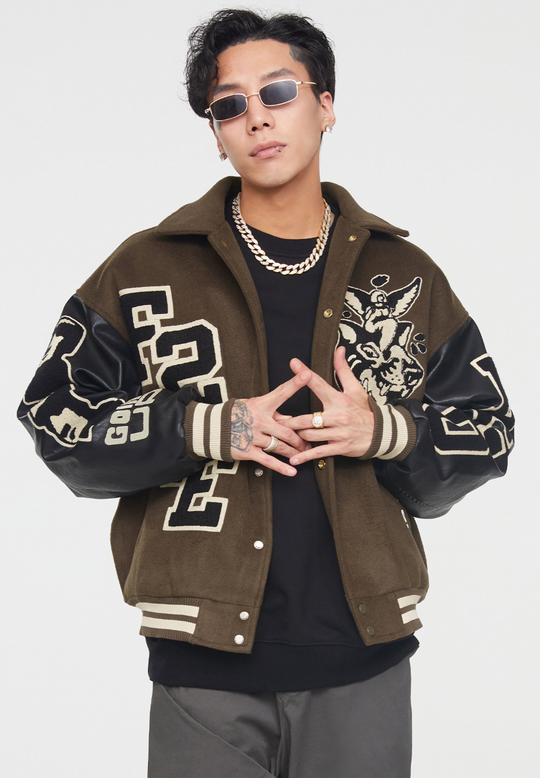 F2CE Dog Angel Embroidery Woolen Varsity Jacket