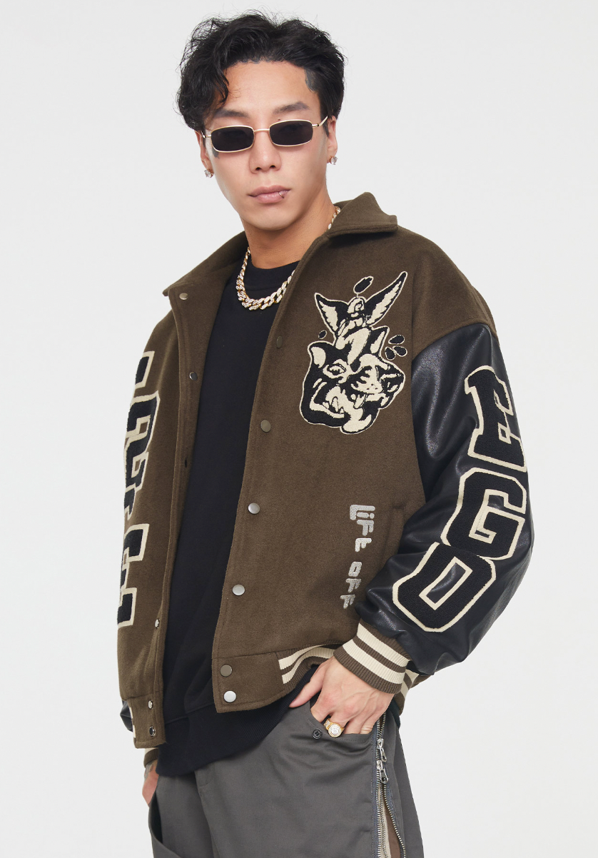 F2CE Dog Angel Embroidery Woolen Varsity Jacket