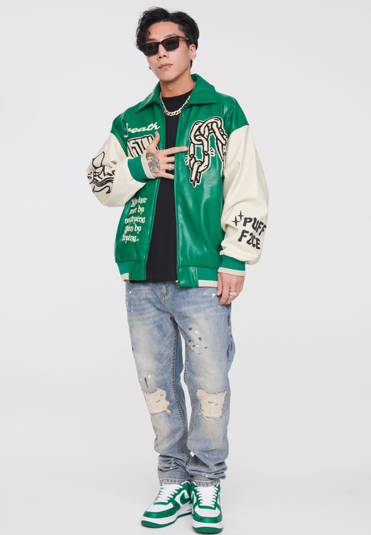F2CE Chain Embroidery PU Leather Varsity Jacket