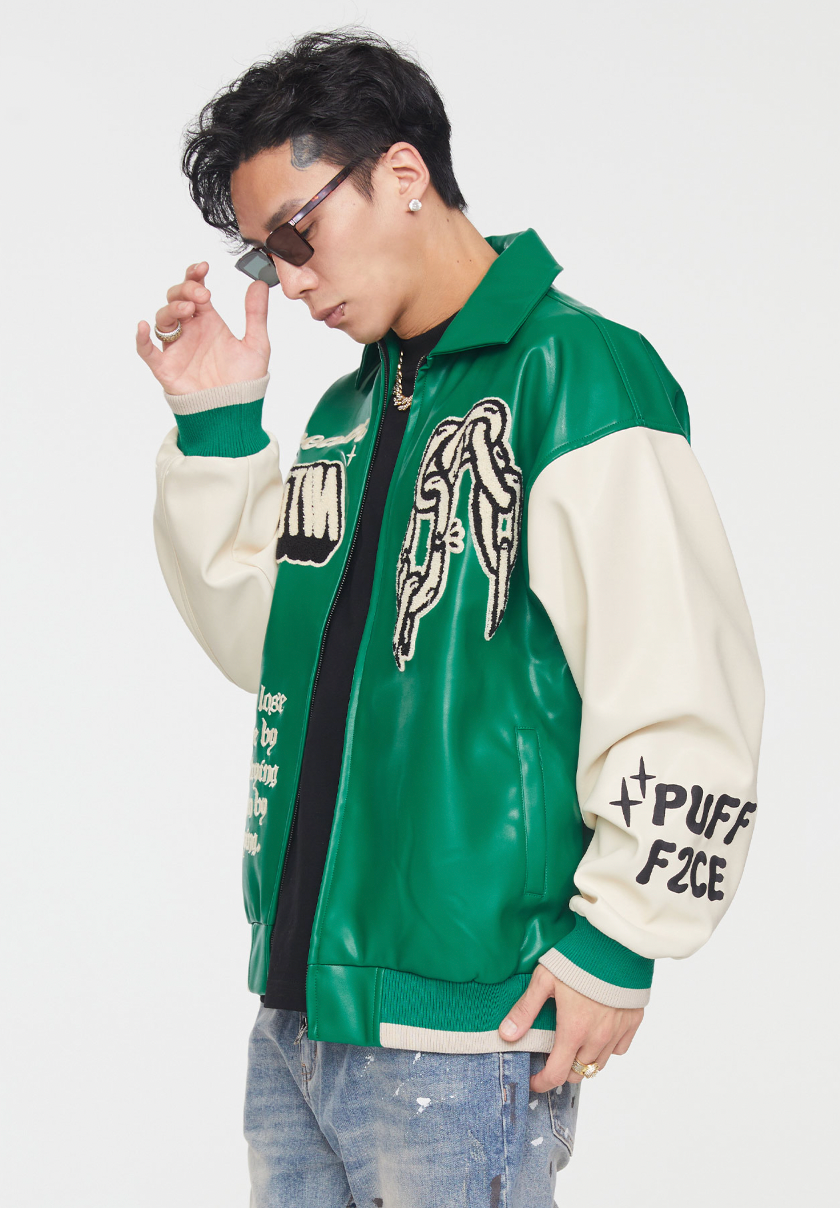 F2CE Chain Embroidery PU Leather Varsity Jacket