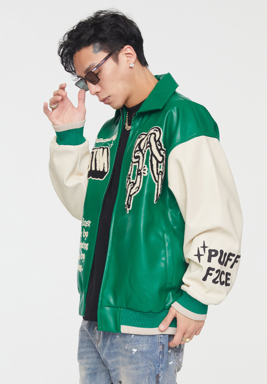 F2CE Chain Embroidery PU Leather Varsity Jacket