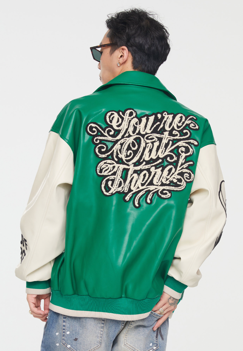 F2CE Chain Embroidery PU Leather Varsity Jacket