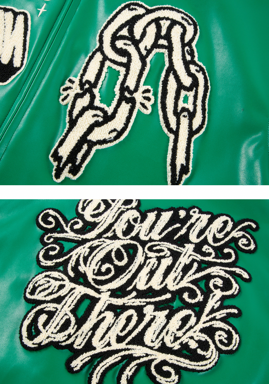 F2CE Chain Embroidery PU Leather Varsity Jacket