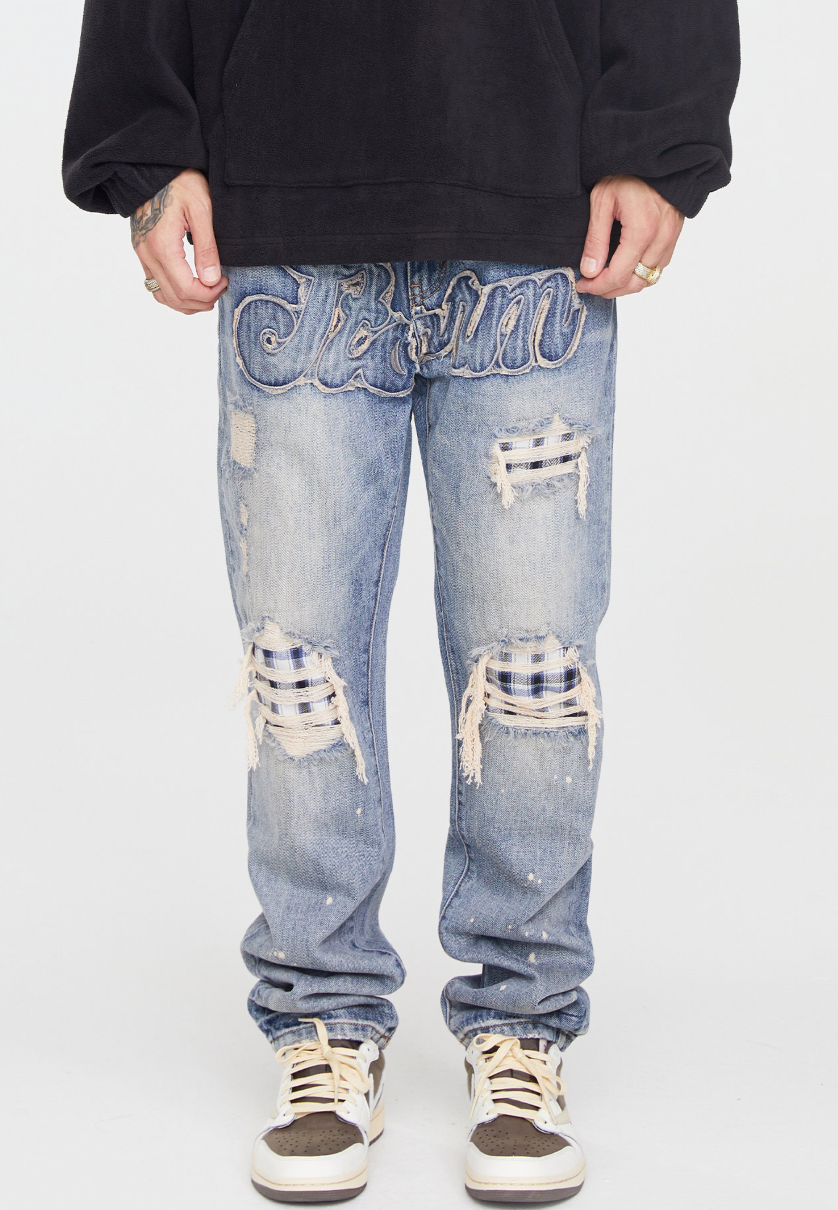 F2CE Washed Old Patch Embroidered Splash Ink Denim Jeans