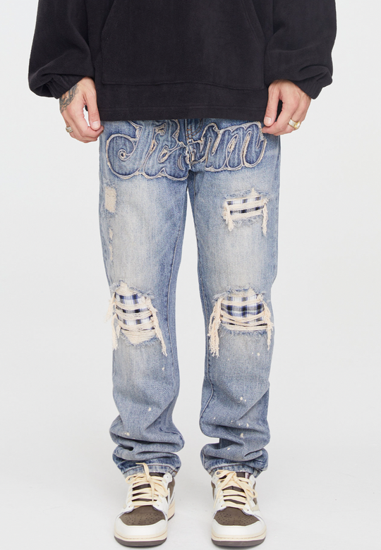 F2CE Washed Old Patch Embroidered Splash Ink Denim Jeans