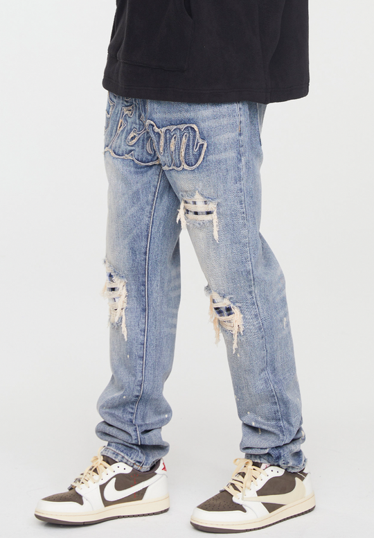 F2CE Washed Old Patch Embroidered Splash Ink Denim Jeans