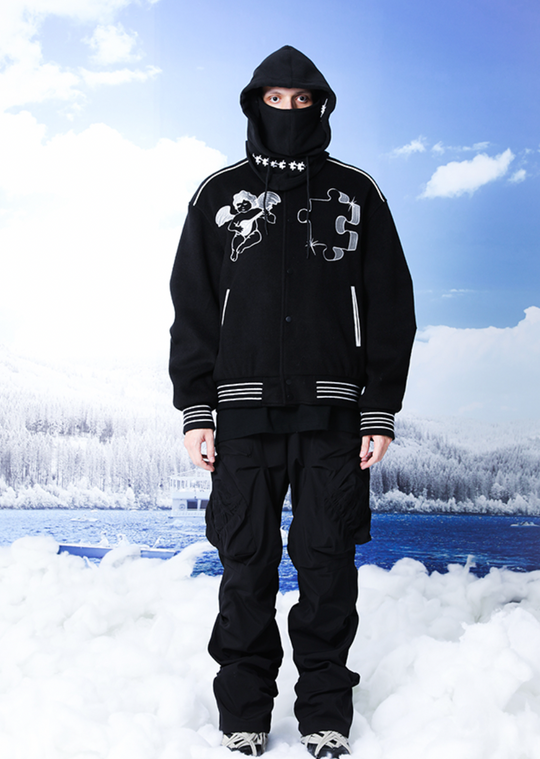 YADcrew Small Butterfly Embroidery Varsity Jacket