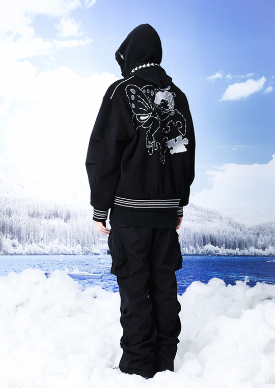 YADcrew Small Butterfly Embroidery Varsity Jacket