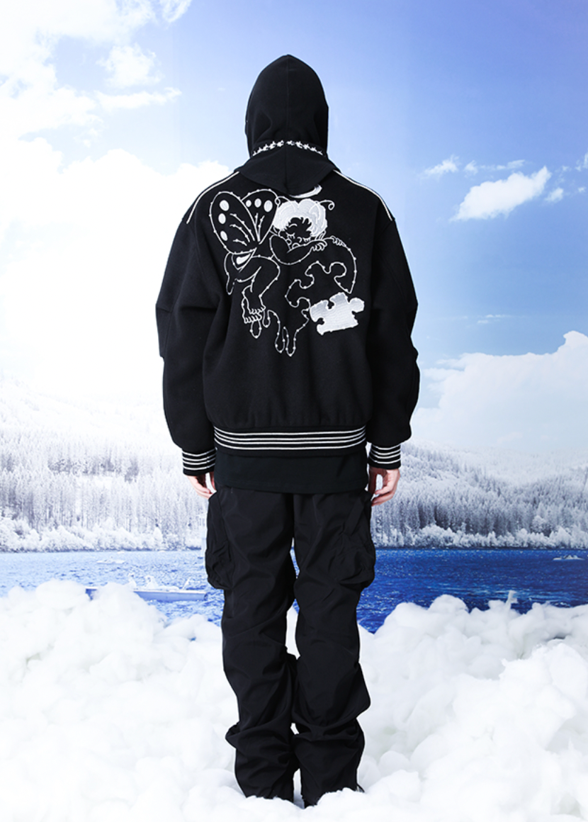 YADcrew Small Butterfly Embroidery Varsity Jacket