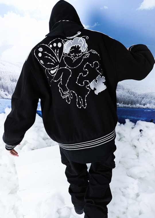 YADcrew Small Butterfly Embroidery Varsity Jacket