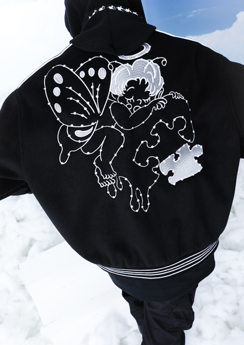 YADcrew Small Butterfly Embroidery Varsity Jacket