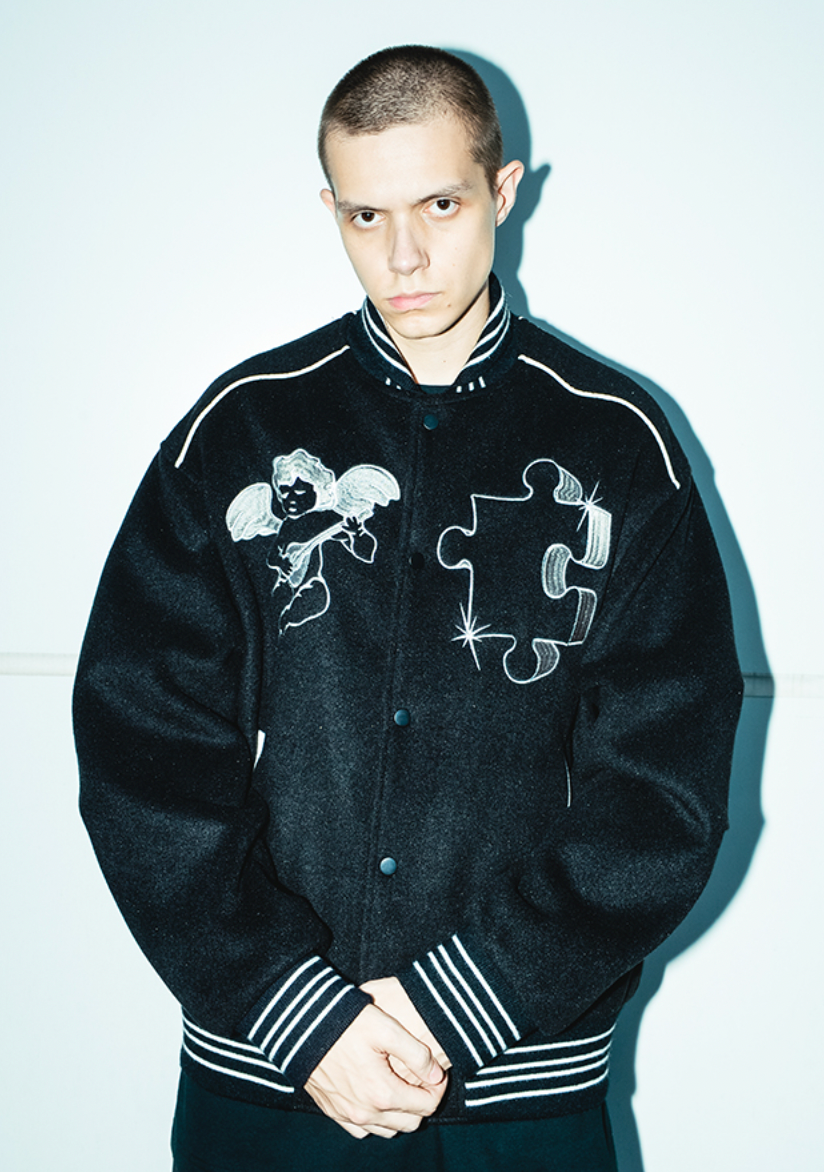 YADcrew Small Butterfly Embroidery Varsity Jacket