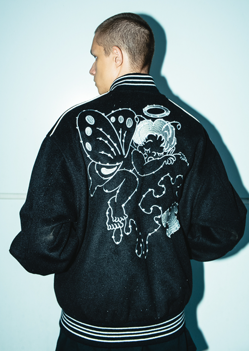 YADcrew Small Butterfly Embroidery Varsity Jacket