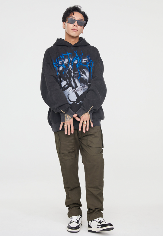 F2CE Washed Print Vintage Destruction Hoodie