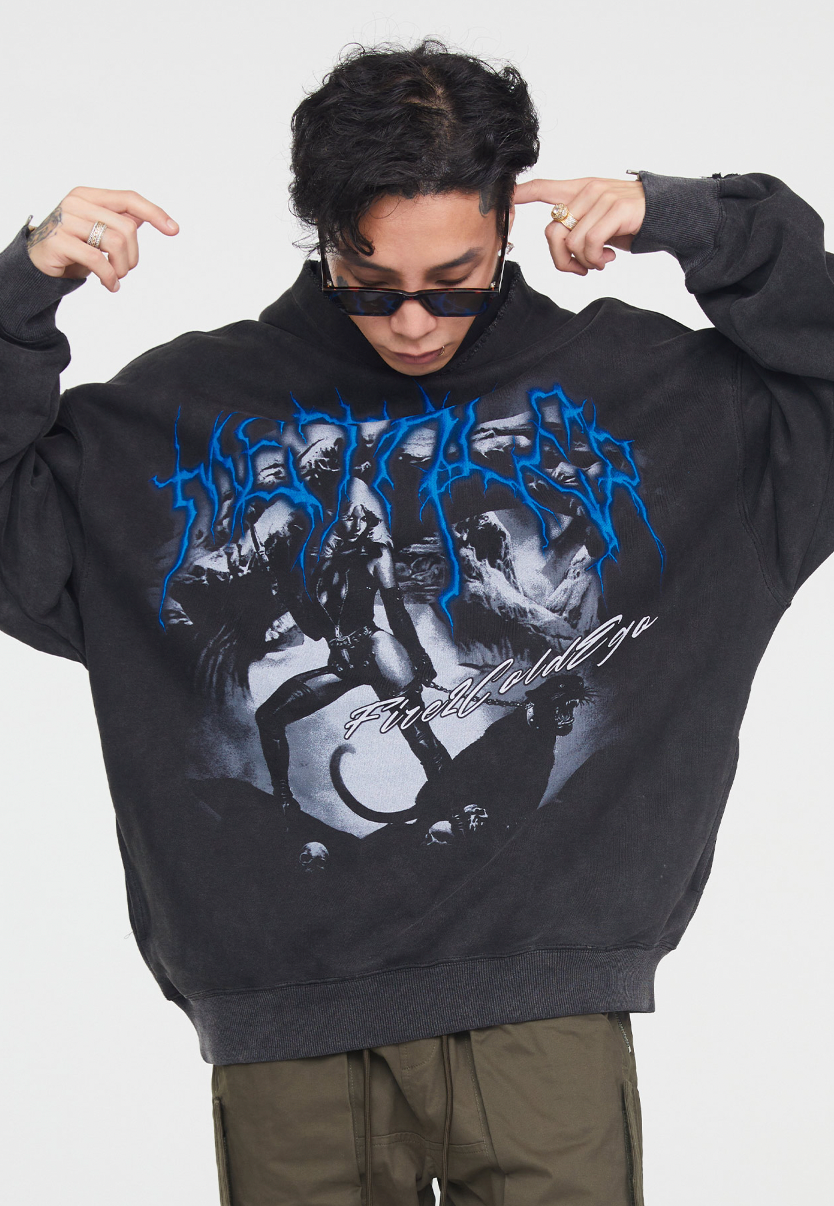 F2CE Washed Print Vintage Destruction Hoodie