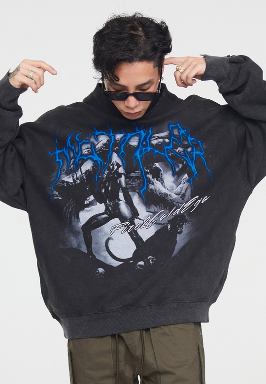 F2CE Washed Print Vintage Destruction Hoodie