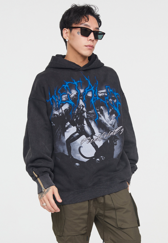 F2CE Washed Print Vintage Destruction Hoodie