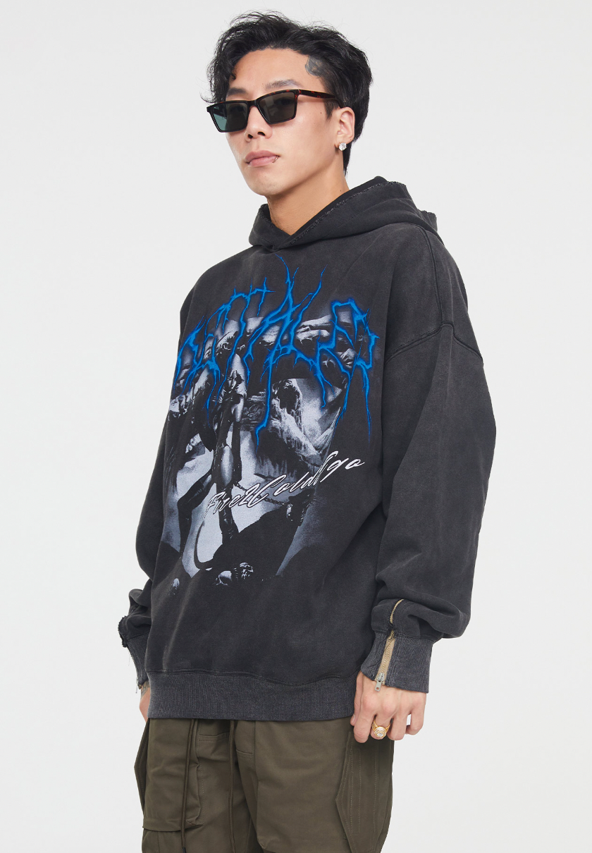 F2CE Washed Print Vintage Destruction Hoodie