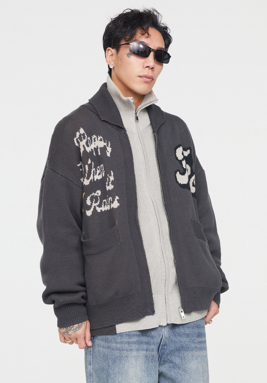 F2CE Embroidered Patchwork Zipper Knit Cardigan