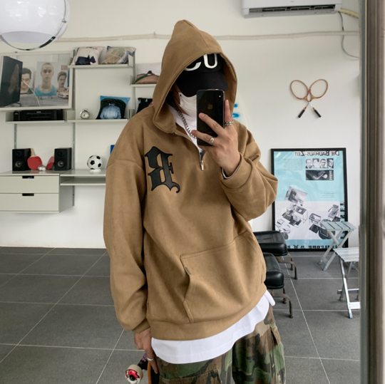 F3F Select B Logo Embroidered Suede Half Zip Hoodie