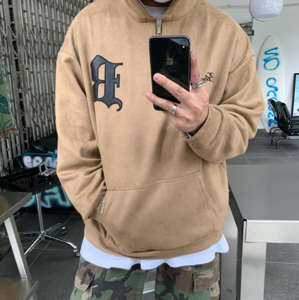 F3F Select B Logo Embroidered Suede Half Zip Hoodie