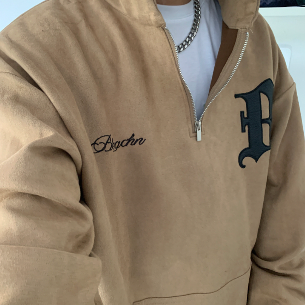 F3F Select B Logo Embroidered Suede Half Zip Hoodie