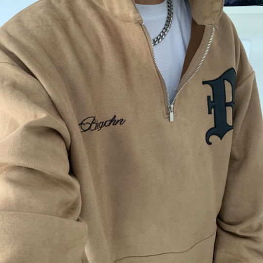 F3F Select B Logo Embroidered Suede Half Zip Hoodie