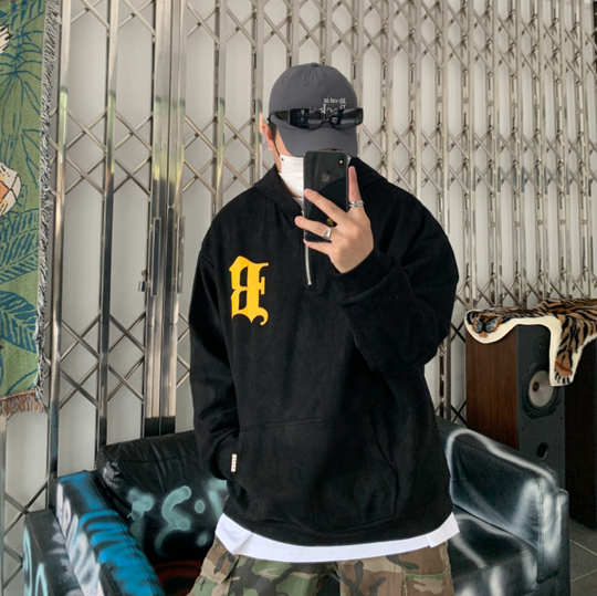 F3F Select B Logo Embroidered Suede Half Zip Hoodie