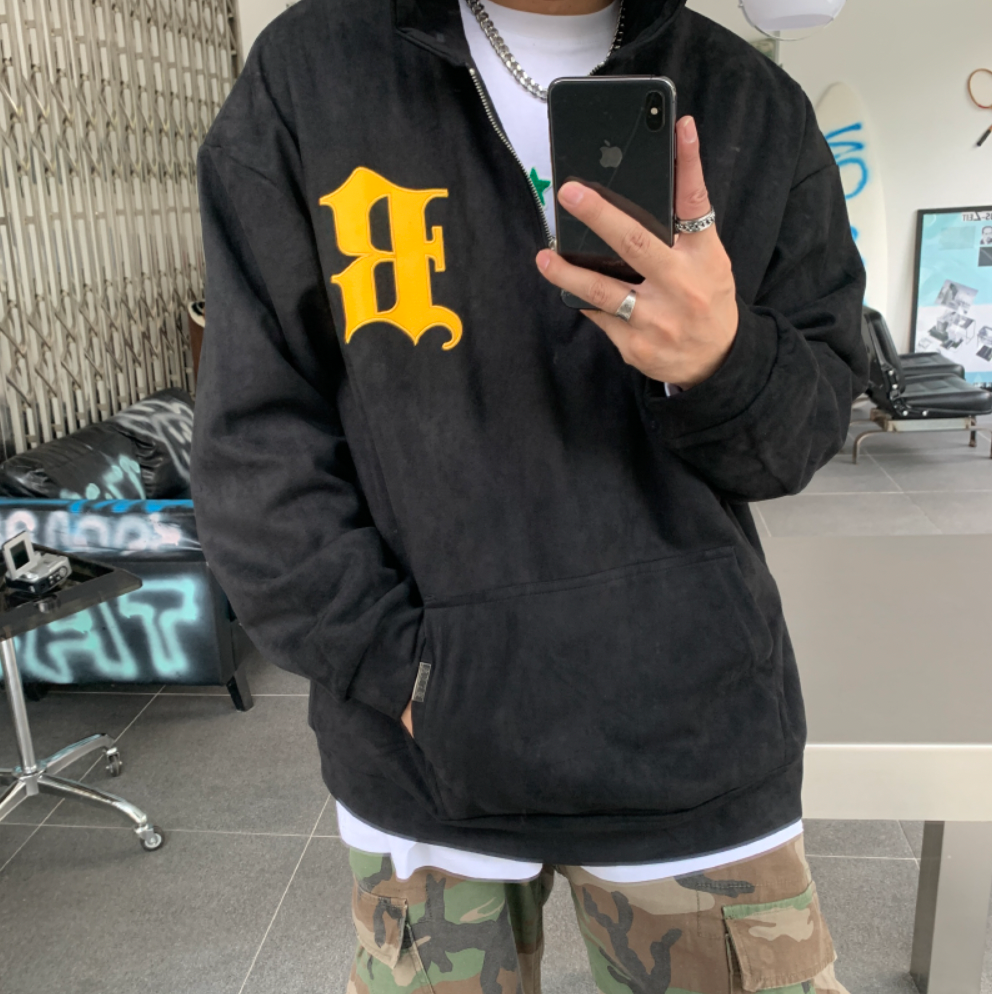 F3F Select B Logo Embroidered Suede Half Zip Hoodie