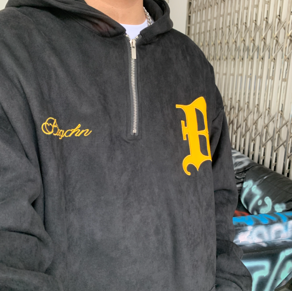 F3F Select B Logo Embroidered Suede Half Zip Hoodie
