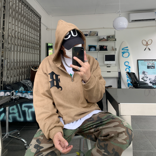 F3F Select B Logo Embroidered Suede Half Zip Hoodie