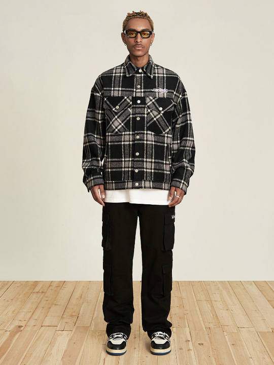 VOTE Embroidery Woolen Plaid Jacket