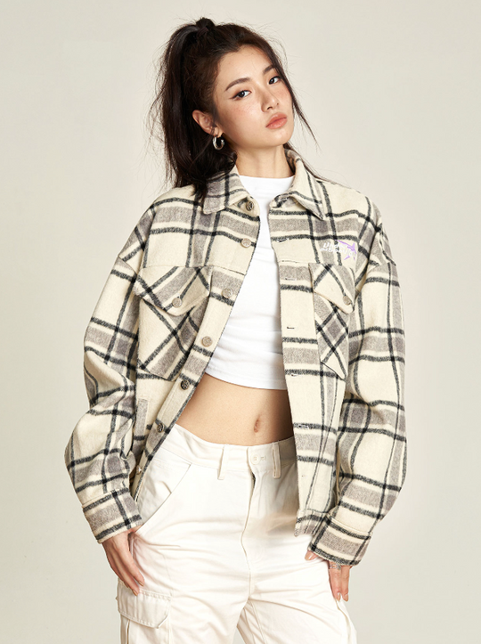 VOTE Embroidery Woolen Plaid Jacket