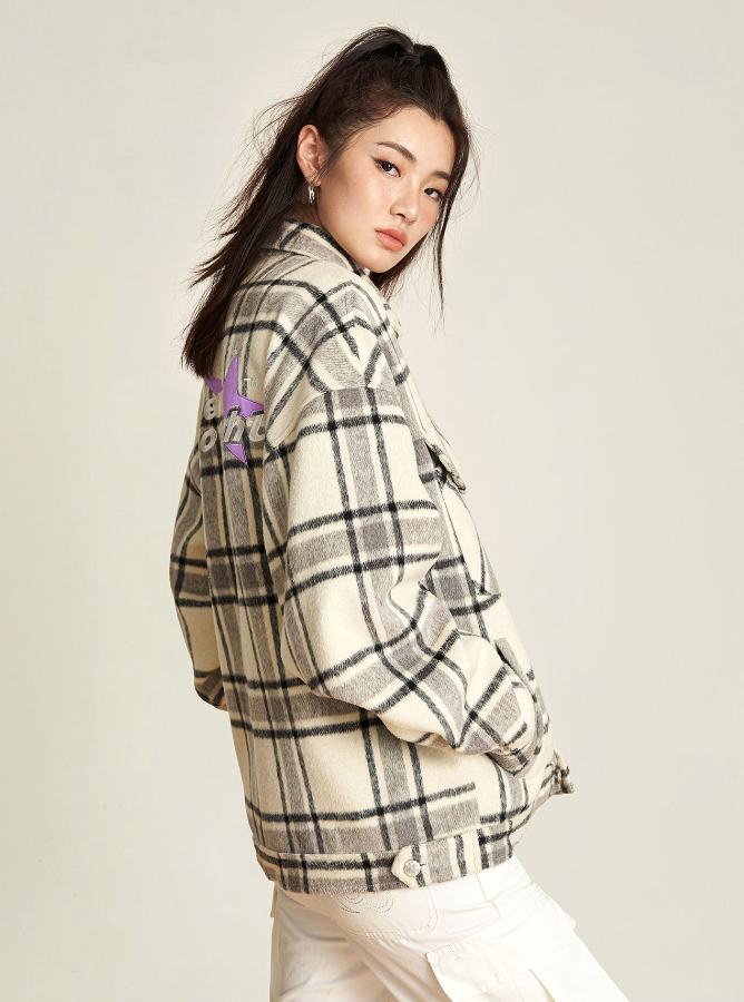 VOTE Embroidery Woolen Plaid Jacket